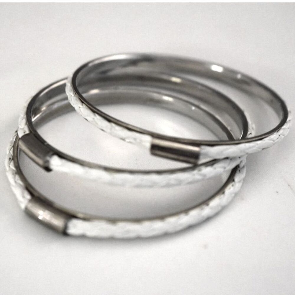 Casual Everyday 3 Braided White Leather Silver Tone 7" Bangle Fashion Bracelets